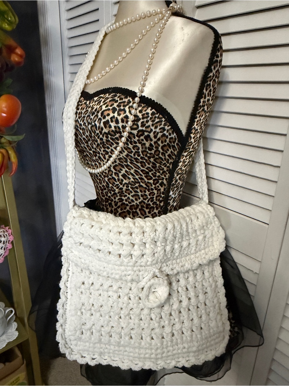 Handmade White Crocheted Yarn Tote Shoulder Bag Long Strap Flap Button